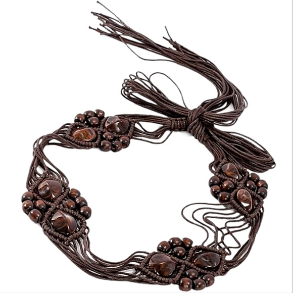 Brown Beaded Tie-Waist Belt - Picture 1 of 5